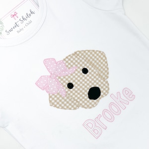 Puppy with Bow Shirt, Girls Monogram Puppy Shirt, Baby Girl Puppy Dog Bodysuit, Gingham Puppy Applique Shirt, Girls Labrador Tee, Pup Tee