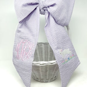 Seersucker Easter Sash, Monogrammed Easter Basket Bow, Seersucker Easter Basket Sash Monogram, Baby Girl Monogram Bow