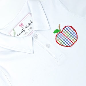 Boys School Apple Applique Polo, Back to School Outfit, Gingham Apple Collar Shirt, Boys Monogram School Outfit, First Day of School Shirt