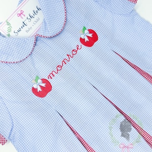 Girls Apple Monogram Pleat Dress, Baby Girl Pre K Dress, Preschool Dress, Monogram Collar Dress, Baby Girl Apple Monogram Dress