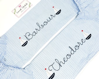 Seersucker Puddle Jumper, Monogram Sailboat Puddle Jumper Cover, Seersucker Sailboat Monogram, Baby Boy Puddle Jumper Cover, Baby Vacation
