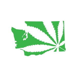 May include: A green marijuana leaf design superimposed over the outline of the state of Washington.