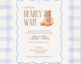 We Can Bearly Wait Baby Shower Invitation Template | Teddy Bear Boy Shower Invite | Blue Bow Baby Shower Canva Editable Invite