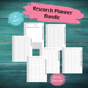 May include: A printable research planner bundle with 56 pages. The pages are organized into sections for contacts, resources contacted, web searches, newspaper searches, and documents ordered. The planner is a digital download.