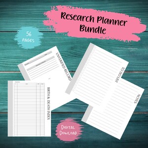 May include: A printable research planner bundle with 56 pages. The planner includes sections for an unverified record, birth and death index, to do list, and notes. The pages are white with gray lines.