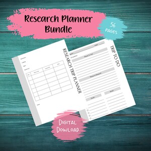 May include: A printable research trip planner bundle with 56 pages. The planner includes sections for lodging, flights, rental car, places to visit, places to research, goals, and notes. The planner is designed to help you plan your next trip.