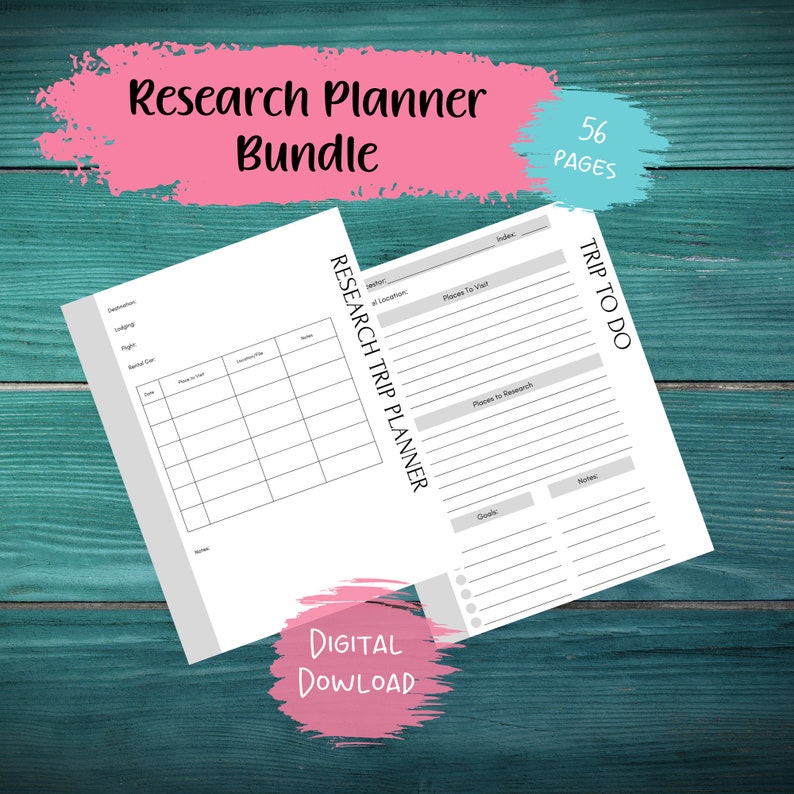May include: A printable research trip planner bundle with 56 pages. The planner includes sections for lodging, flights, rental car, places to visit, places to research, goals, and notes. The planner is designed to help you plan your next trip.