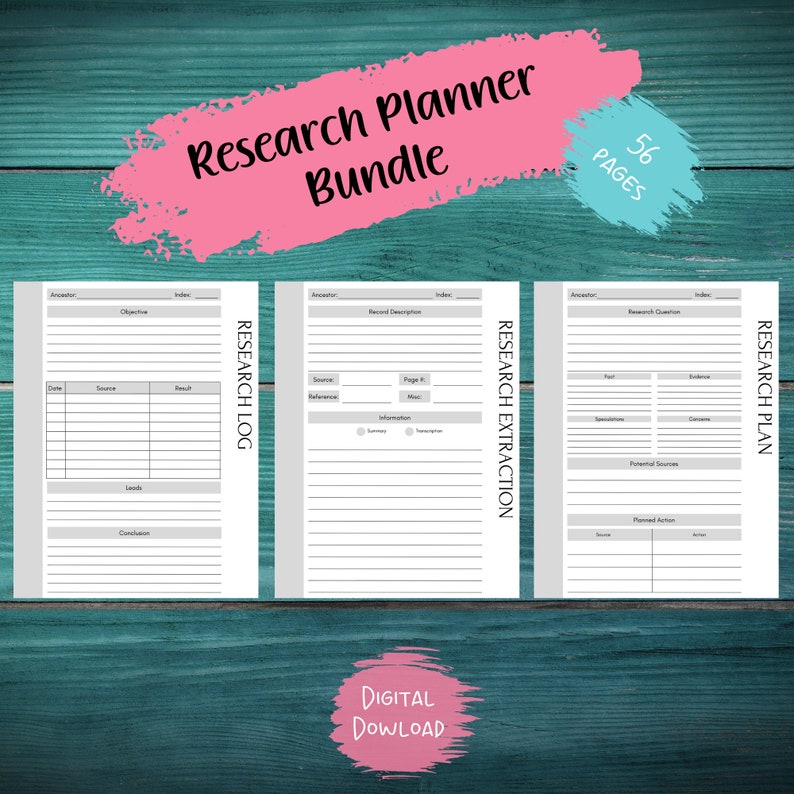 May include: A digital download bundle of printable research planner pages. The bundle includes three pages: a research log, a research extraction page, and a research plan page. The pages are designed with a gray and white color scheme and feature headings and sections for organizing research information.