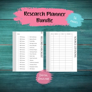 May include: A printable research planner bundle with 56 pages. The planner includes a record checklist with a list of historical records and a source citations page with columns for date, repository, source, and description.