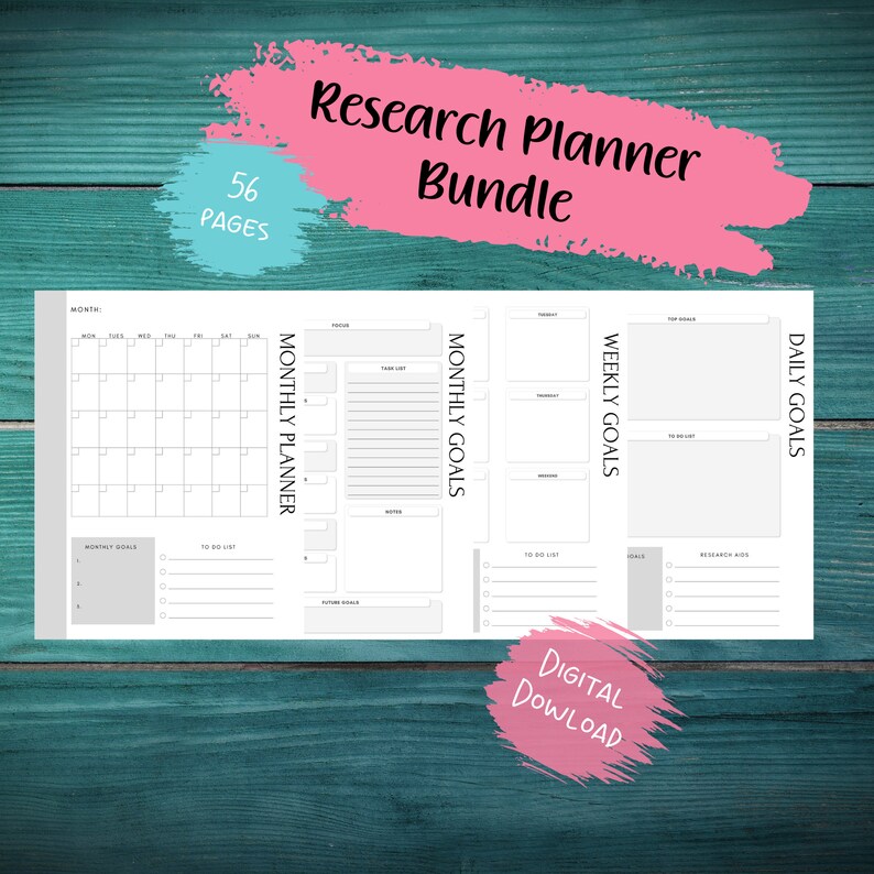 May include: A printable research planner bundle with 56 pages. The planner includes a monthly calendar, monthly goals, weekly goals, and daily goals sections. The planner is designed in a minimalist style with a gray and white color scheme.