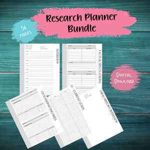 May include: A digital download of a research planner bundle with 56 pages. The planner includes sections for interviews, facts and speculations, current leads, and outlandish theories.