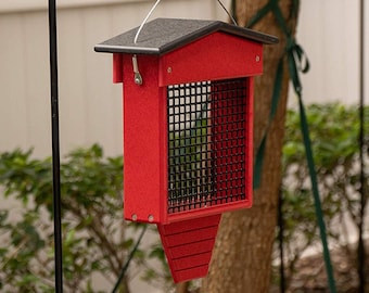 Large Covered Suet Cake Bird Feeder with Tail Prop for Woodpeckers, Hanging - Made from Recycled Plastic Poly Lumber - Amish Handmade in USA