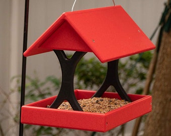 Covered Fly Through Platform Bird Feeder with Seed Tray, Hanging - Made from Recycled Plastic Poly Lumber - Amish Handmade in USA