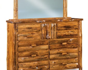 Amish-Made Rustic Log 10-Drawer, 1-Door Dresser Chest with Mirror