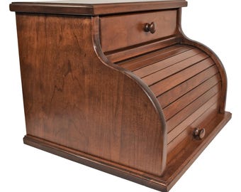 Solid Oak Wood Large Roll Top Bread Box with Drawer for Kitchen Counter, Countertop Bread Storage - Amish Made in USA (Cherry, Michael's)