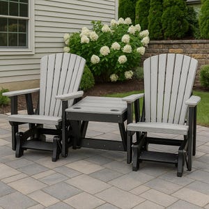 DutchCrafters  Fan Back Double Adirondack Glider Poly Patio Chairs with Center Table - Choose Your Colors - Amish Made in USA