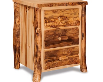 Amish Rustic Aspen 3 Drawer Log Nightstand, Solid Wood Bedside Table