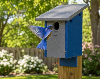DutchCrafters Classic Bluebird Post Mount Poly Bird House - Blue & Gray - Amish Handmade in America