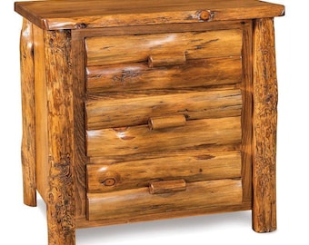 Amish Rustic Pine 3-Drawer Log Nightstand, Solid Wood Bedside Table