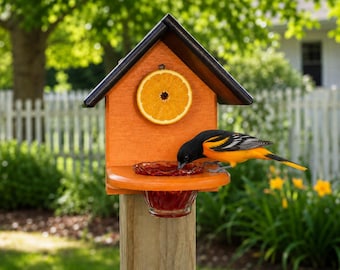 DutchCrafters Oriole Bird Feeder with Fruit Slice Rod & Jelly Cups - Post Mount - Made from Recycled Plastic Poly Lumber - Amish made in USA