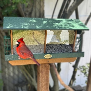Large Double Hopper Bird Feeder with Two Suet Cake Holders, 4x4 Post Mount - Made from Recycled Plastic Poly Lumber - Amish Handmade in USA