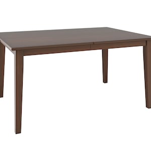 May include: A rectangular dining table with a dark brown wood grain finish. The table features a flat top surface with slightly rounded edges and four straight, tapered legs that extend downward from the corners to provide a stable base.