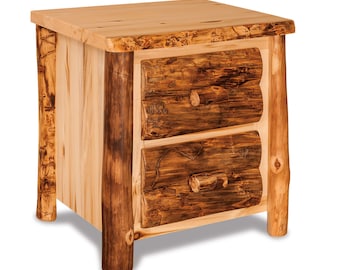 Rustic Aspen 2 Drawer Log Nightstand, Amish Made Solid Wood Bedside Table