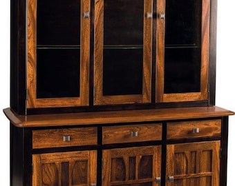 Amish 3-Door Hutch and Buffet | Two-Tone Grey Elm & Brown Maple Dining Room Storage
