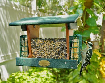 Large Hopper Bird Feeder with Seed Tray & Two Suet Cake Holders, Hanging - Made from Recycled Plastic Poly Lumber - Amish Handmade in USA