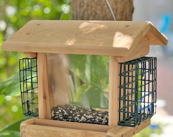 Large Hopper Bird Feeder with Seed Tray & Two Suet Cake Holders, Hanging - Made from Cedar Wood - Amish Handmade in USA