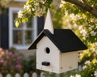 DutchCrafters Church Shape Bird House for Wrens, Chickadees, 1 1/8" Entrance - Black & White - Amish Made in USA