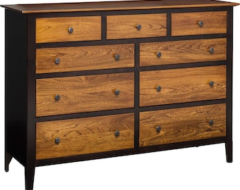 Amish 9-Drawer Dresser | Solid Wood Bedroom Dresser | Grey Elm & Brown Maple