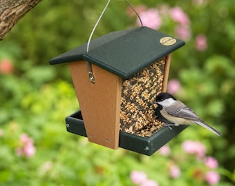Amish Handmade Recycled Plastic Hopper Bird Feeder, USA Made, Turf Green/Cherrywood