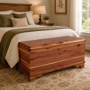 May include: A rectangular wooden storage chest with a hinged lid, featuring a natural reddish-brown wood grain with visible knots and light-colored wood accents along the edges, supported by four short, curved feet at the base.
