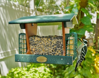 Large Hopper Bird Feeder with Seed Tray & 2 Suet Cake Holders, Hanging - Made from Recycled Plastic Poly Lumber - USA Amish Made