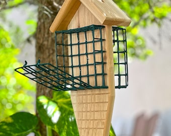 Double Suet Cake Bird Feeder with Tail Prop for Woodpeckers, Hanging - Made from Cedar Wood - Amish Handmade in USA
