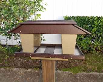 Large Double Hopper Bird Feeder with Platform Seed Tray, 4x4 Post Mount - Made from Recycled Plastic Poly Lumber - Amish Handmade in USA