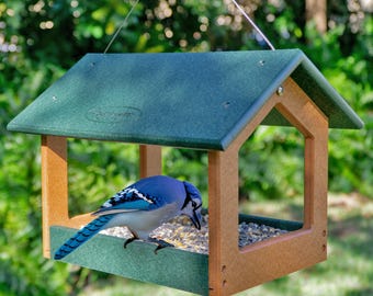 Modern Fly Through Platform Bird Feeder with Covered Seed Tray, Hanging - Made from Recycled Plastic Poly Lumber - Amish Handmade in USA