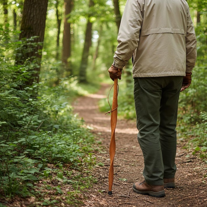 May include: A person walking on a forest path, holding a wooden walking stick. The stick is a light brown color with a twisted design. The person is wearing a tan jacket, green pants, and brown boots. The path is surrounded by green foliage.