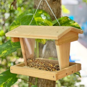 Large Hopper Bird Feeder with Platform Seed Tray, Hanging - Made from Cedar Wood - Amish Handmade in USA