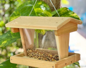 Large Hopper Bird Feeder with Platform Seed Tray, Hanging - Made from Cedar Wood - Amish Handmade in USA