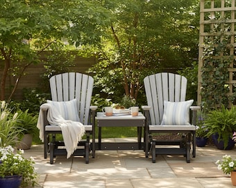 DutchCrafters  Fan Back Double Adirondack Glider Poly Patio Chairs with Center Table - Choose Your Color - Amish Made in USA