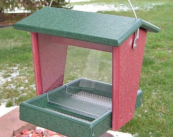 Small Hopper Bird Feeder with Platform Seed Tray, Hanging - Made from Recycled Plastic Poly Lumber - Amish Handmade in USA