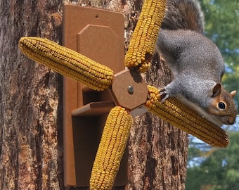 Spinning Corn Cob Squirrel Feeder with 4 Corn Spikes - Made from Recycled Plastic Poly Lumber - Amish Handmade in USA