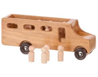 May include: A wooden toy school bus with a natural finish. The bus has black wheels and several small wooden peg people. The bus has open windows and a roofless top, allowing for easy access to the interior.