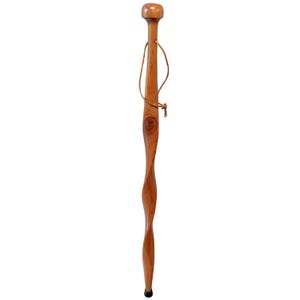 May include: A wooden walking stick with a twisted design. The stick is made of light brown wood and has a rounded top and a black rubber tip. A leather strap is attached near the top.