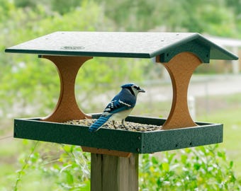 Extra Large 4x4 Post Mount Fly Through Bird Feeder, Covered Platform Seed Tray for Outside Outdoor Garden - Amish Made in USA