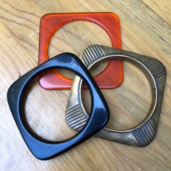 Stack 3 square Vintage black orange plastic and b… - image 2