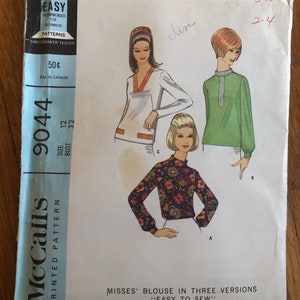 V-neck or standing collar long sleeve top size 12 original 1967 pattern #9044 McCall’s