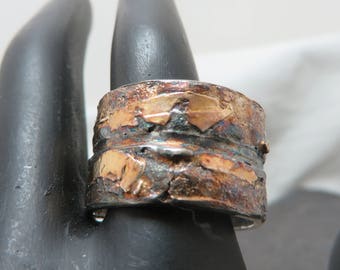Jonc large en argent sterling réticulé et oxydé avec fusion d'or jaune